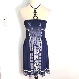 Magic Navy Blue & White Halter Mini-Dress, Beads & Tie in the Back Sz Large, NWT